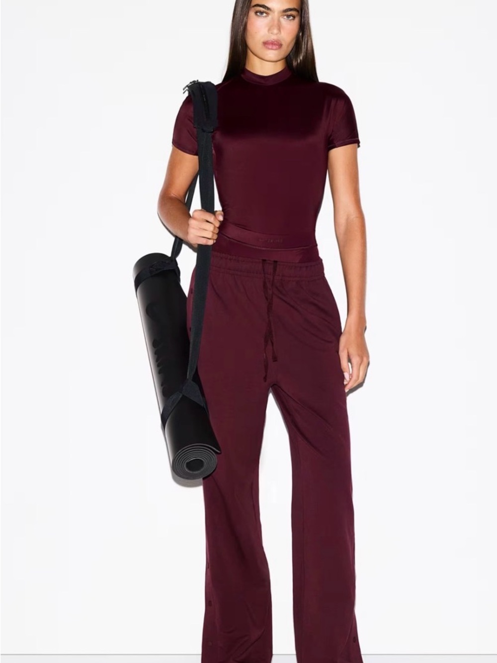 SKIMS Burgundy Short-Sleeve Mock Neck Tee